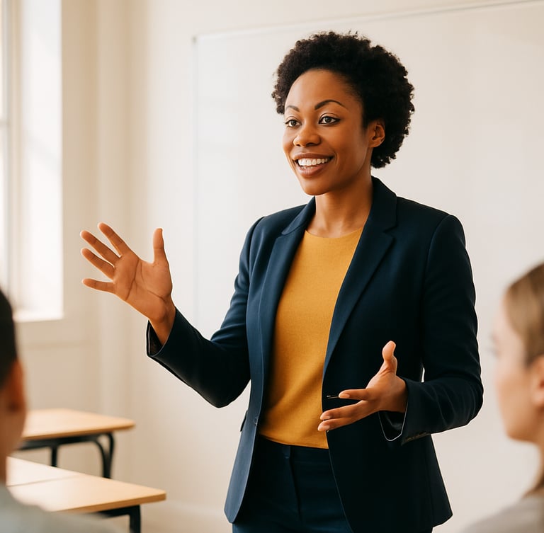 A medium shot of an active, engaged East African professional presenting confidently in a bright modern classroom. Warm natural window light illuminates the space, with a soft shallow depth of field focusing on her expressive communication, 35mm editorial style.