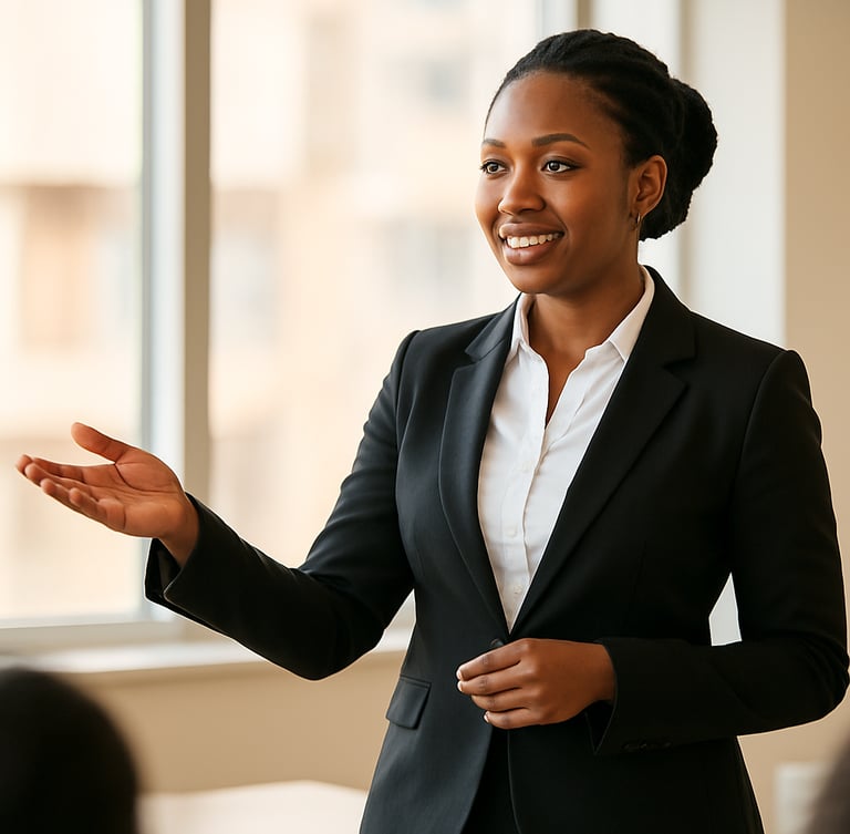 Medium shot of an elegant East African professional presenting confidently in a bright boardroom, warm window light, soft background focus, professional attire