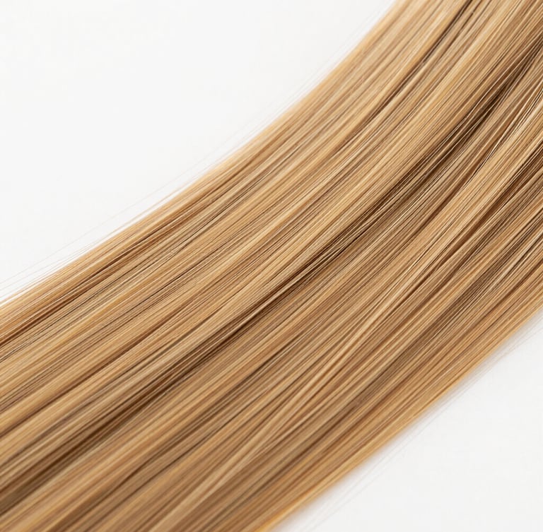 Macro detail shot of premium human hair wig strands reflecting soft golden light, clean minimalist studio backdrop