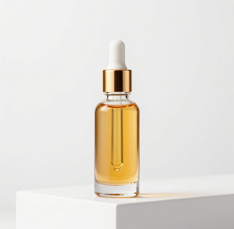 Polished studio shot of a gold-capped glass dropper bottle with amber hair oil, resting on a clean white pedestal, bright high-key lighting