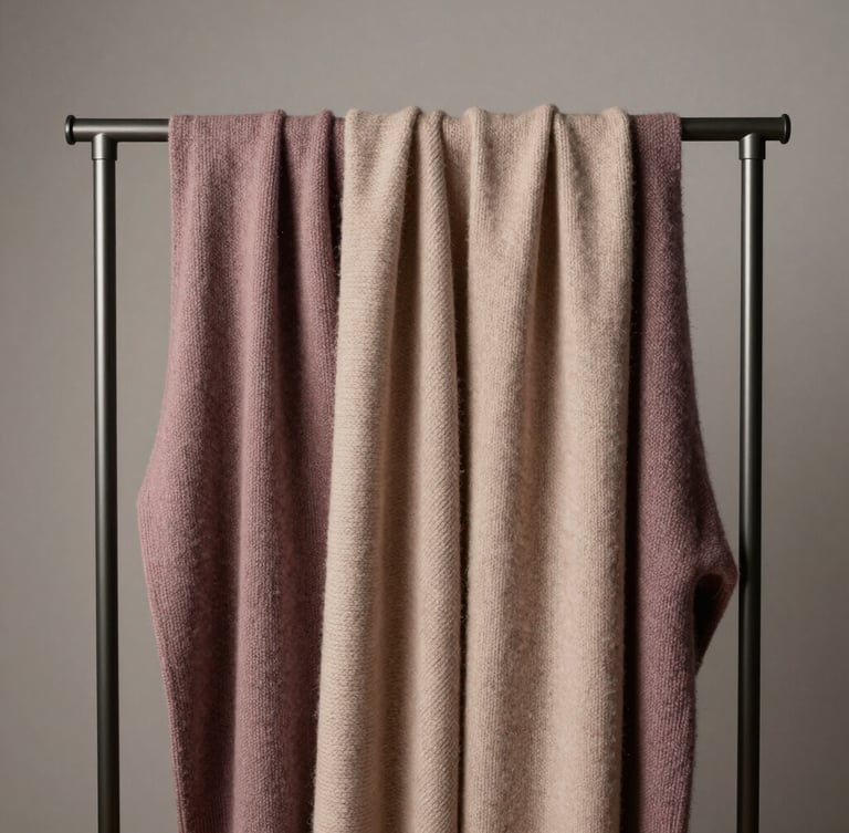 A minimalist metal rack holding structured knits and heavy silks in dusty mauve and champagne nude, soft studio highlights.