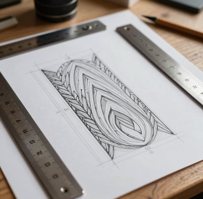 Macro detail of hand-drawn pattern lines on drafting paper, heavy metal rulers, soft directional side-light on a wooden worktable.