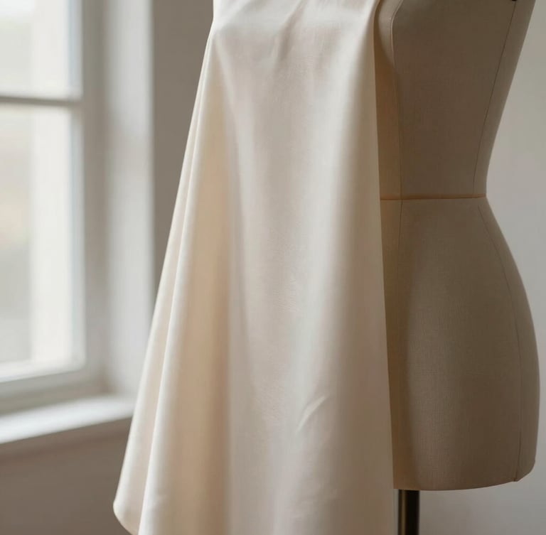Close-up of structured heavy silk fabric being draped on a minimalist metal dress form, crisp directional window light, neutral champagne and ivory tones