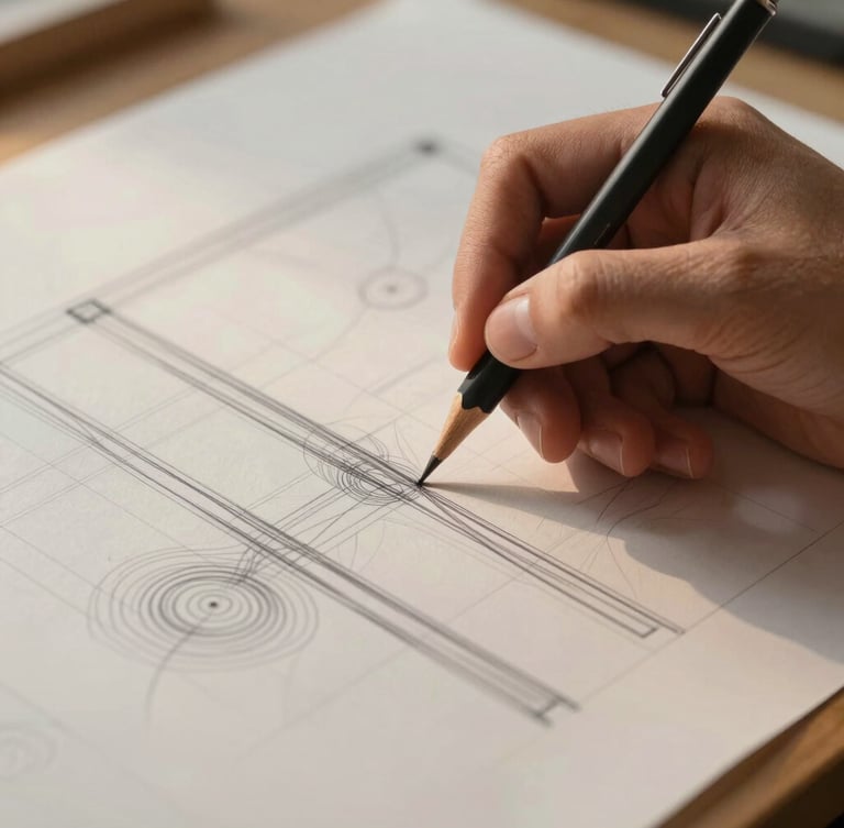 Close-up of pattern-drafting paper with hand-drawn lines, a designer's hand holding a mechanical pencil, soft studio lighting with warm highlights, editorial framing.