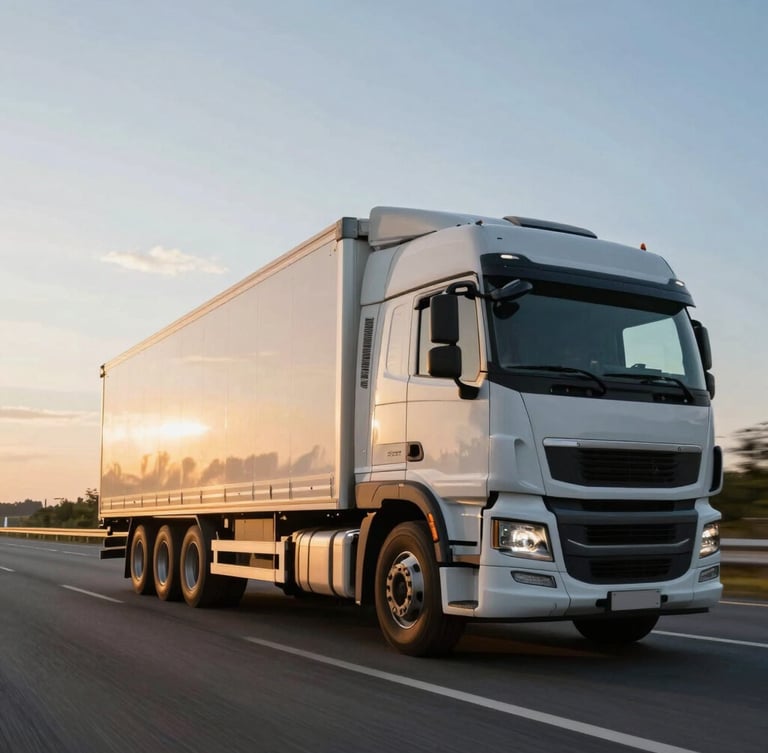 Dynamic low-angle shot of a clean modern transport truck driving on a spacious highway at golden hour, clear sky, professional lighting, reflecting reliability.