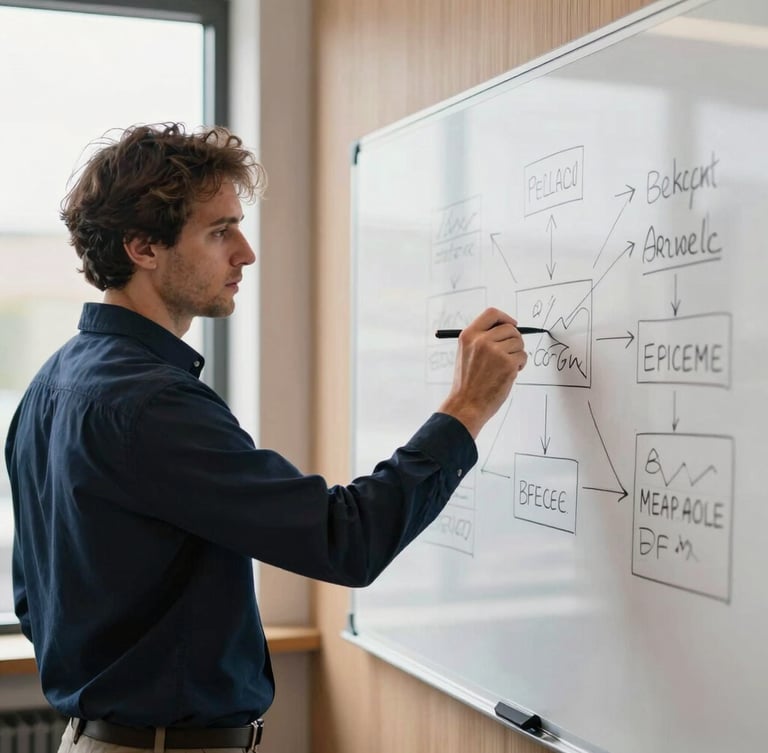 A focused strategist in a bright, modern office sketching a campaign architecture on a physical whiteboard, natural window light, deep navy tones, shallow depth of field, 50mm lens