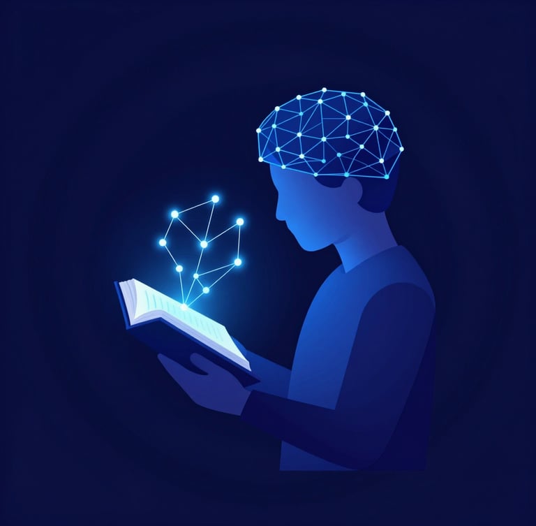 Abstract vector illustration of a stylized human figure reading a book, with glowing digital connections flowing from the book into the figure's mind, deep indigo and neon blue colors, clean geometric lines, wide negative space, modern academic aesthetic, flat design.