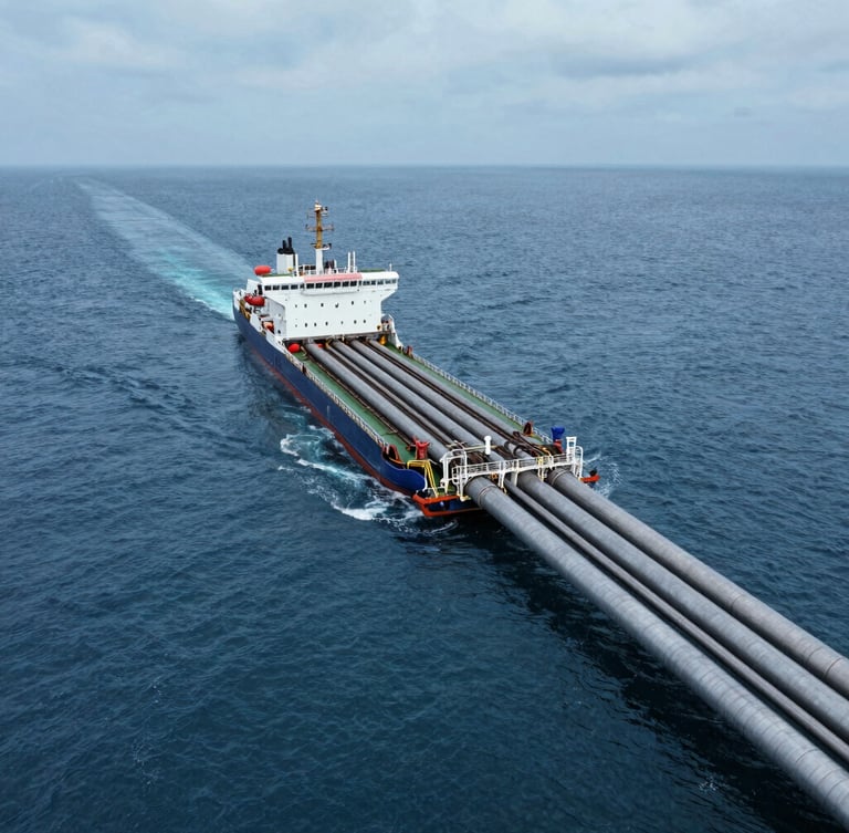 Wide-angle aerial view of a massive pipe-laying vessel operating in the cool, overcast North Sea, heavy steel pipelines trailing into deep blue water.