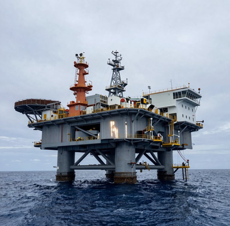 Low-angle heroic view of a completed offshore production platform in the Gulf of Mexico, high-contrast coastal sun reflecting off heavy steel structures.