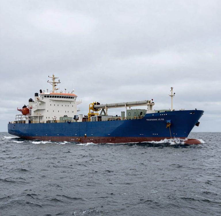 Wide panoramic shot of a massive blue pipelaying vessel cutting through rough, gray North Sea waters under an overcast sky, industrial scale.