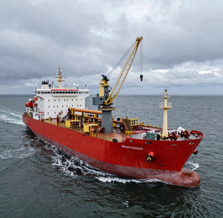 Wide-angle aerial shot of a massive deepwater pipelaying vessel in the gray North Sea, crane arm extended, industrial steel deck wet with spray, dramatic overcast sky.