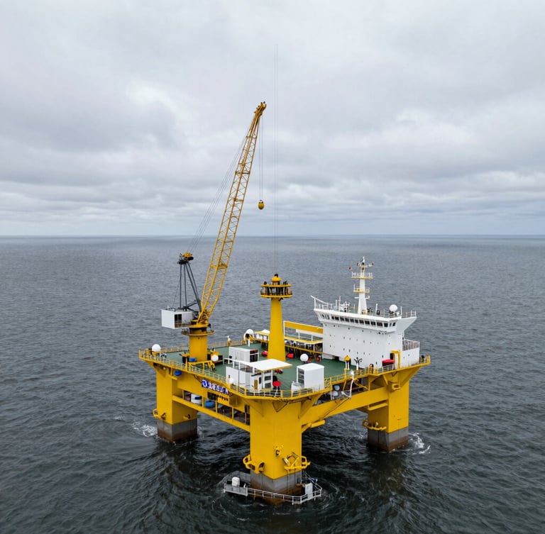 Aerial drone shot of a massive offshore wind turbine installation vessel in the North Sea, a giant yellow jacket foundation suspended by a heavy-lift crane over deep gray water, overcast sky, extreme scale contrast.