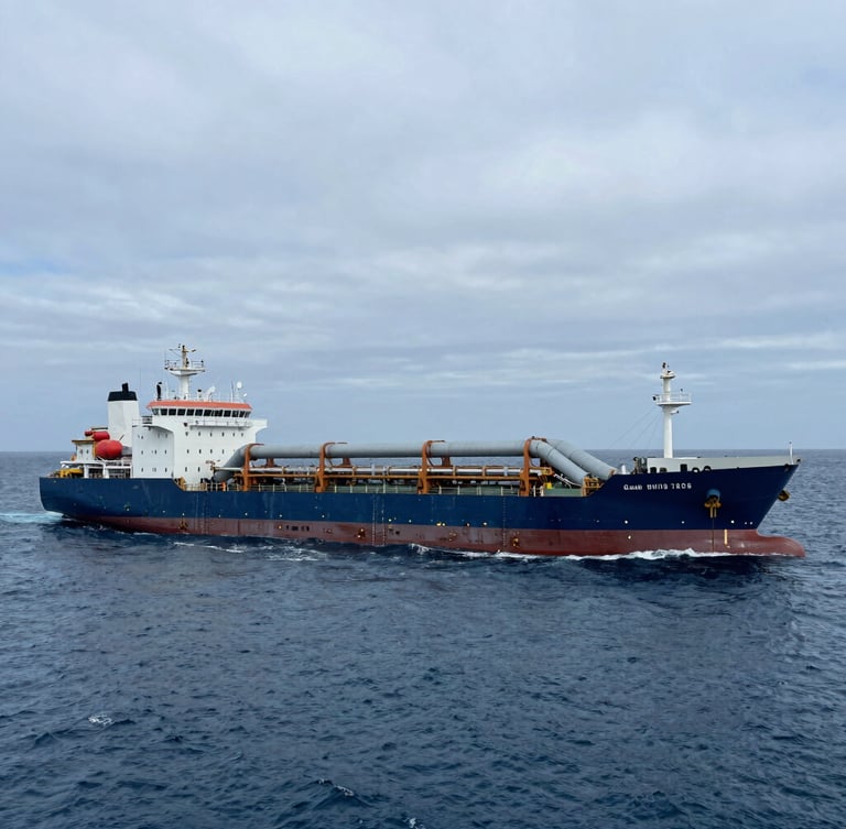 Wide-angle cinematic shot of a massive industrial pipe-laying vessel operating at sea under cool, overcast North Sea daylight, deep ocean blues, realistic maritime engineering.