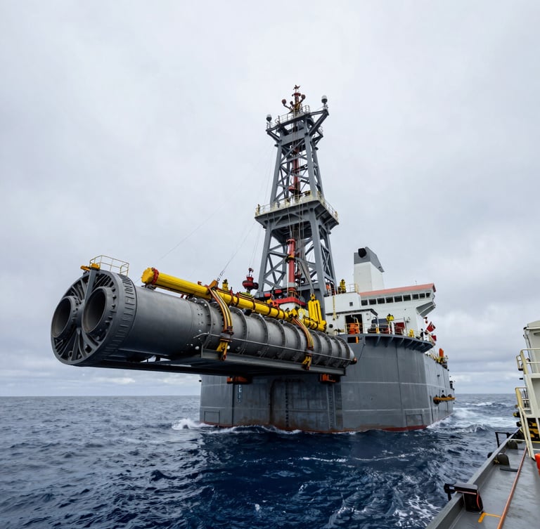 Low-angle heroic view of a heavy subsea manifold being deployed from a drillship deck, cool overcast daylight, steel grays and deep blues, realistic engineering focus.