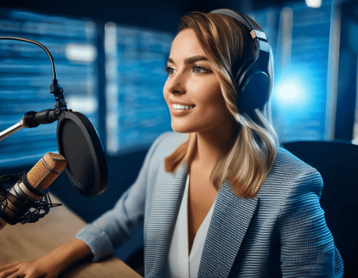 a woman in a recording studio with a microphone and headphones