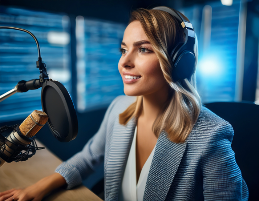 a woman in a recording studio with a microphone and headphones volunteer