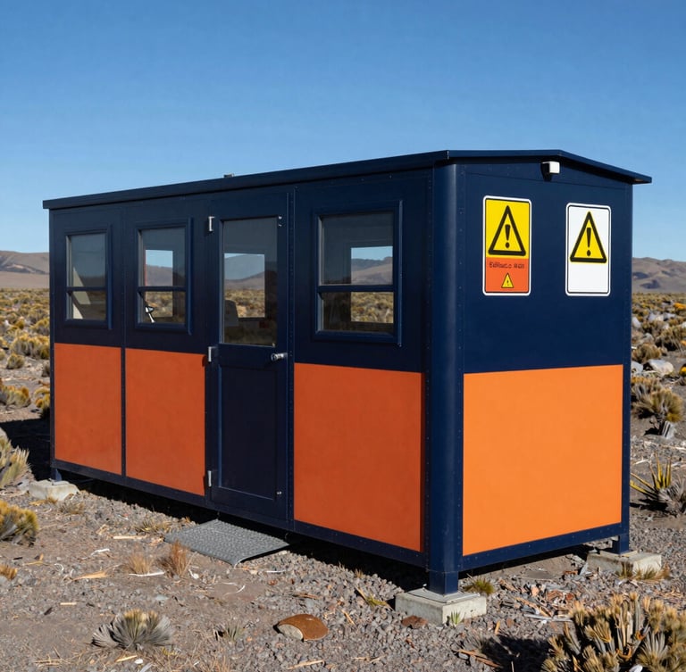 State-of-the-art modular field clinic in the Patagonian steppe under high-contrast natural daylight, industrial safety signs visible, sharp focus, 35mm
