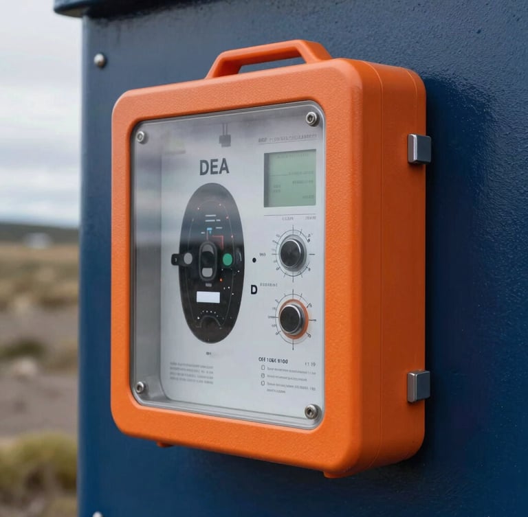Close-up of a modern automated external defibrillator DEA mounted on an industrial wall, safety orange accents, clear technical medical equipment, sharp daylight