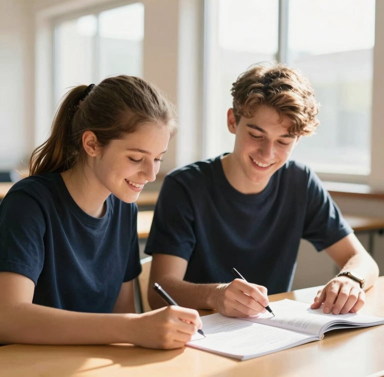 A bright, warm editorial portrait of two smiling teenagers collaborating over a debate flow sheet on a wooden table, soft gold sunlight streaming through a large window, shallow depth of field.