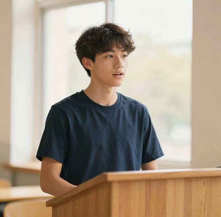 A teenage student speaking confidently from a wooden podium, warm natural window light, soft gold and navy tones, shallow depth of field