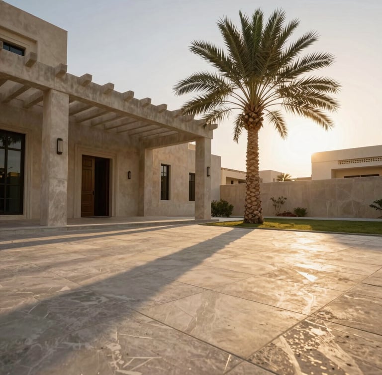 Low-angle heroic shot of a modern Riyadh villa courtyard at golden hour, featuring a cast-concrete pergola, sharp geometric stone paving joints, and a mature native palm casting long shadows.