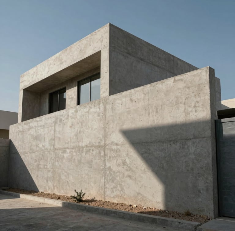 Low-angle heroic shot of a modern minimalist concrete villa boundary wall under construction, sharp geometric shadows cast by the harsh Riyadh sun, raw textured concrete.