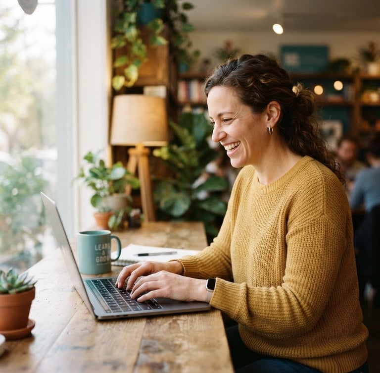 A warm candid photo of an adult learner smiling while typing on a laptop, soft natural window light, cheerful teal accents, shallow depth of field