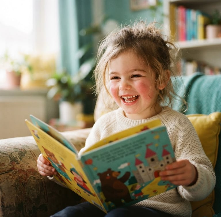 Candid close-up of a child laughing while reading a colorful book, warm natural daylight, soft teal and yellow accents, shallow depth of field.