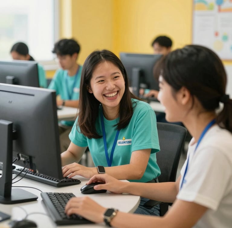A volunteer tutor laughing with an adult learner in a bright digital literacy class, modern computers in background, warm candid 35mm photography.