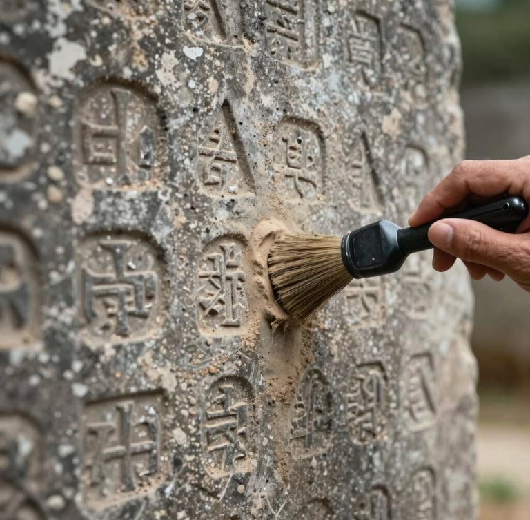 Extreme close-up of an archaeologist's hand brush clearing dust from a carved stone inscription on a weathered monument, natural side lighting highlighting the ancient letters