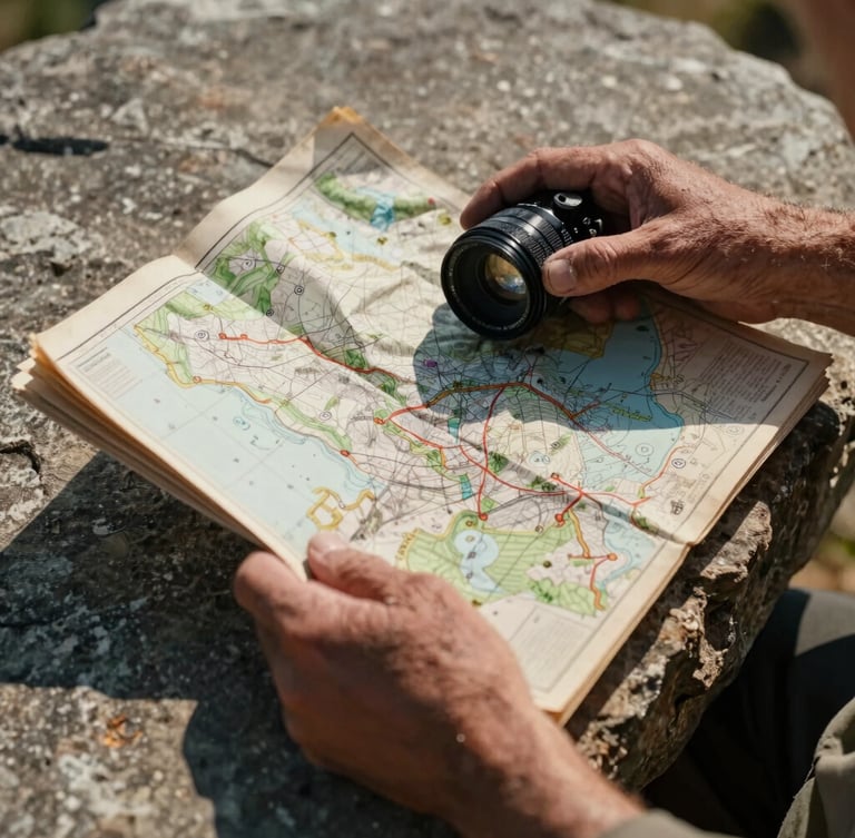 Close-up of weathered hands holding a vintage topographical map over rough stone surface, harsh natural sunlight casting deep shadows.
