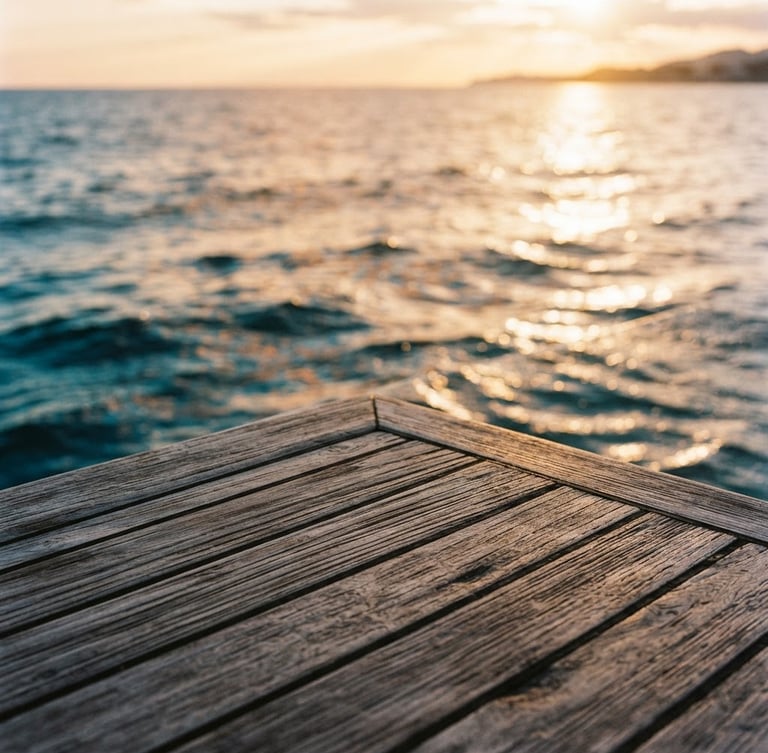 Close-up of weathered teak decking meeting the sea, golden-hour marine light, soft natural reflections, 35mm