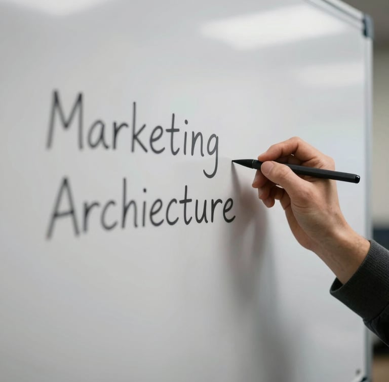 Moody editorial photography, overcast natural daylight, a close-up of hands drawing a clean marketing architecture on a physical whiteboard, sharp focus, 35mm