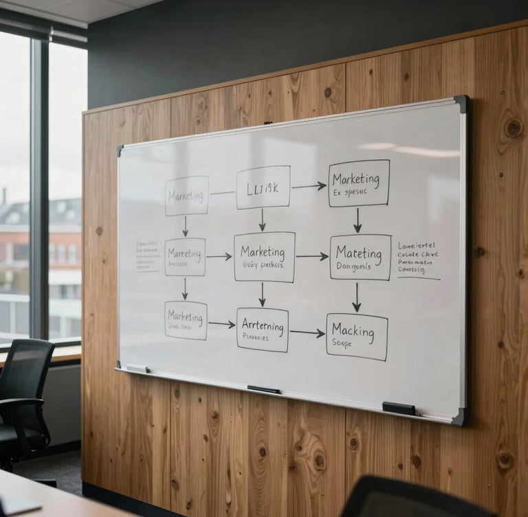 Moody editorial photography of a modern Lancashire office, sharp focus, natural overcast daylight, physical whiteboard with sketched marketing pipelines, warm wood tones.