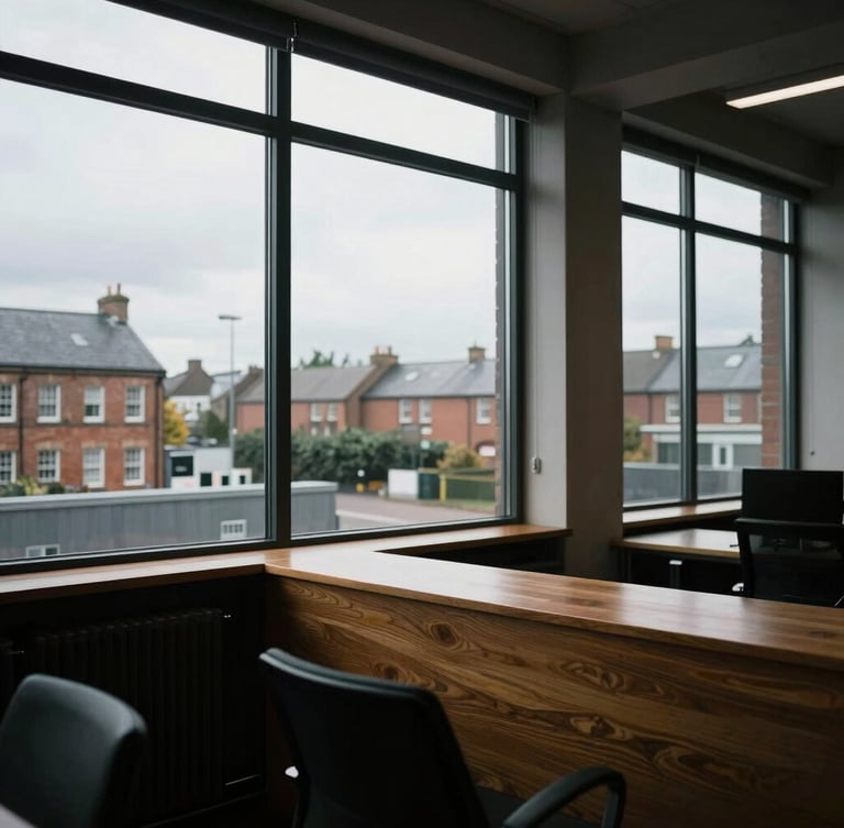 Wide environmental shot of a moody, high-contrast Lancashire office space, natural overcast British light through large windows, sharp focus