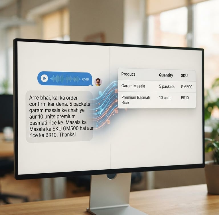 Straight-on high-fidelity software UI mockup showing a Hinglish WhatsApp voice message on the left transforming into a clean, structured table with columns for Product, Quantity, and SKU on the right, bright screen glow, realistic 35mm lens.