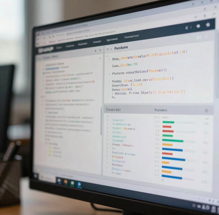 Sharp macro photograph of a technical attribution dashboard on a monitor, unblurred SQL queries and post-purchase cohort metrics visible, high-contrast office daylight.