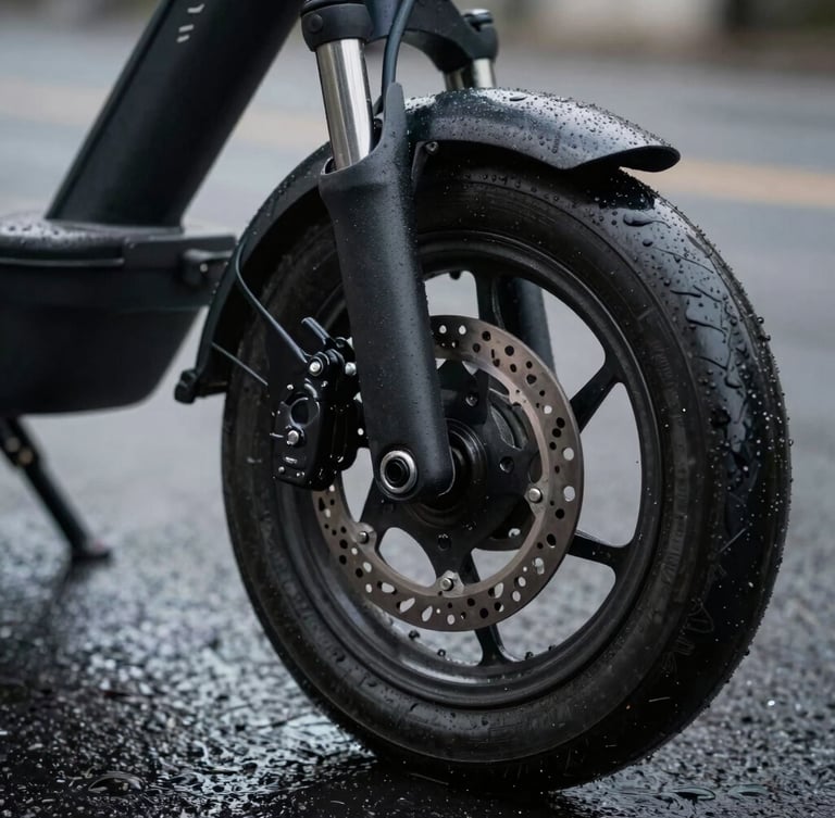 Tight macro shot of a rugged electric scooter disc brake and folding hinge, wet metal textures, overcast daylight, shallow depth of field