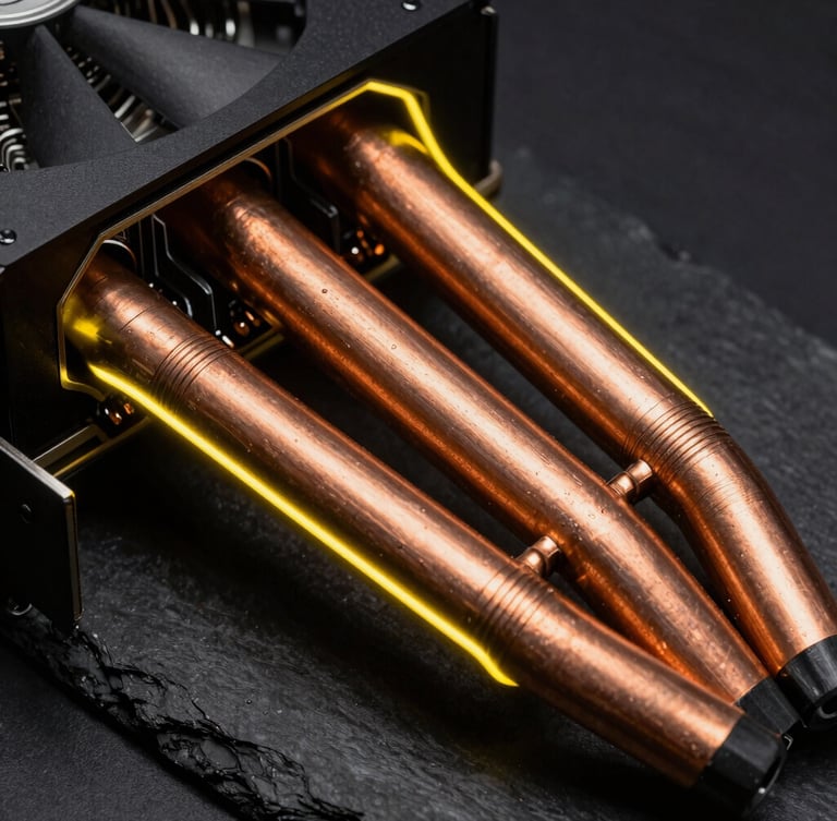 Extreme close-up of a high-end graphics card copper heat pipes, dramatic yellow rim lighting, dark slate background, macro lens