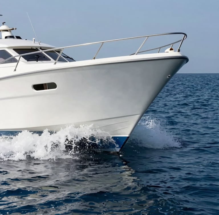 Low-angle dynamic water-level shot of a clean modern dayboat hull cutting through glassy deep blue Adriatic water, leaving a sharp white wake, crisp Mediterranean daylight.