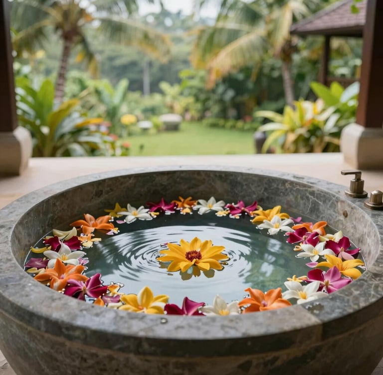 A luxury stone bathtub filled with clear warm water and floating colorful flower petals, in a serene spa overlooking a tropical green garden. Soft, natural morning light, peaceful and elegant atmosphere in a high-end Southeast Asian / Indonesian resort.