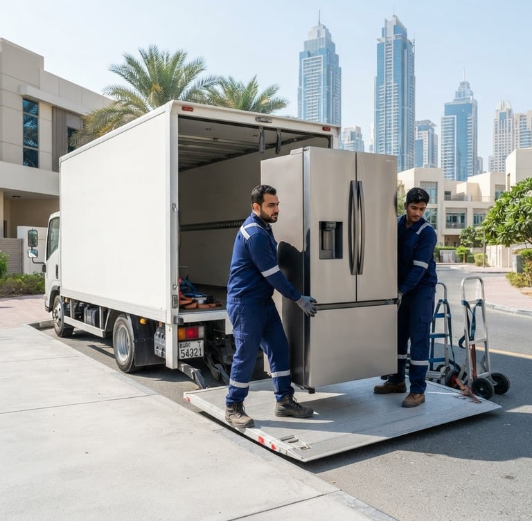 A clean professional moving truck parked in Dubai, with team members in clean uniforms carefully loading a modern double-door refrigerator, bright daylight, crisp details.