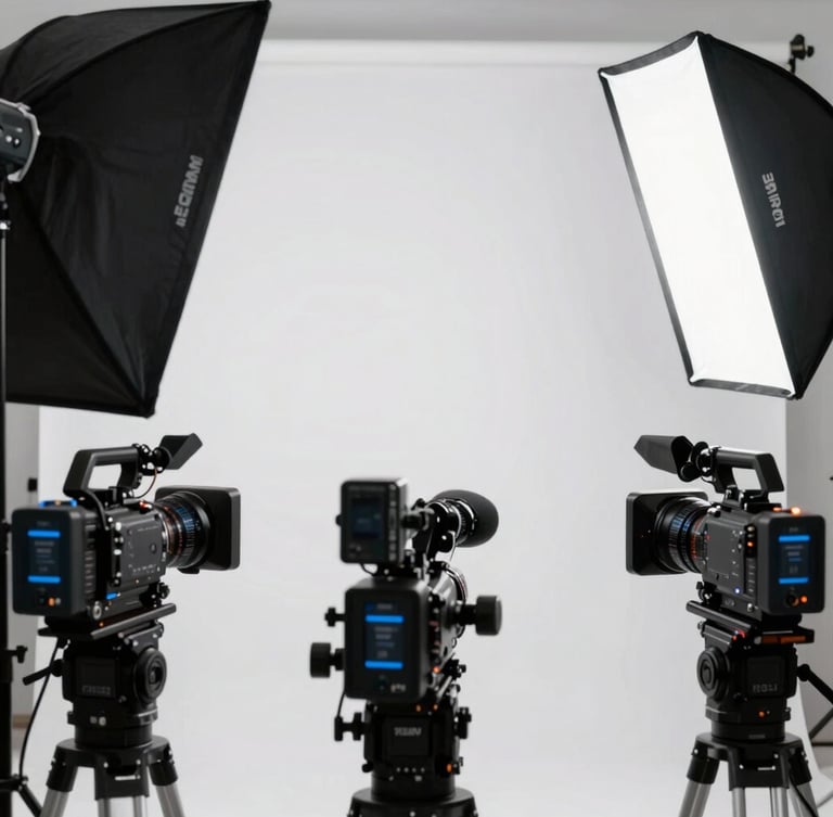 Crisp commercial photography of a clean corporate interview setup with professional lighting grids, softboxes, and cinema cameras, 35mm