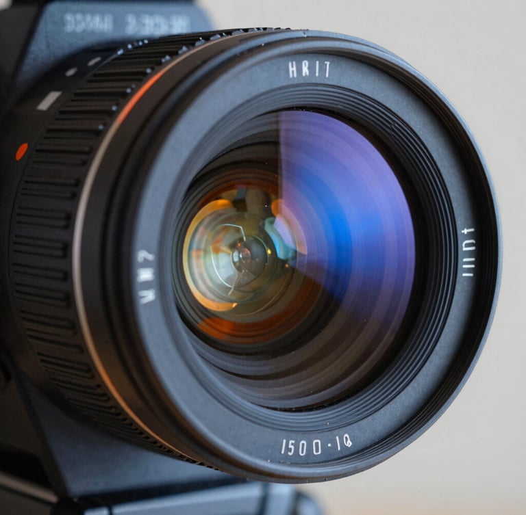 Macro close-up of a professional cinema camera lens, glass reflecting cool studio blue and warm orange lights, sharp focus, 35mm