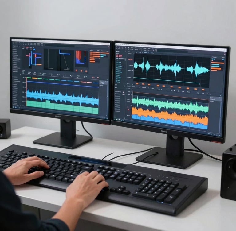 A clean, modern editing suite with glowing dual monitors displaying color grading waveforms, hands resting on a professional control console, 35mm