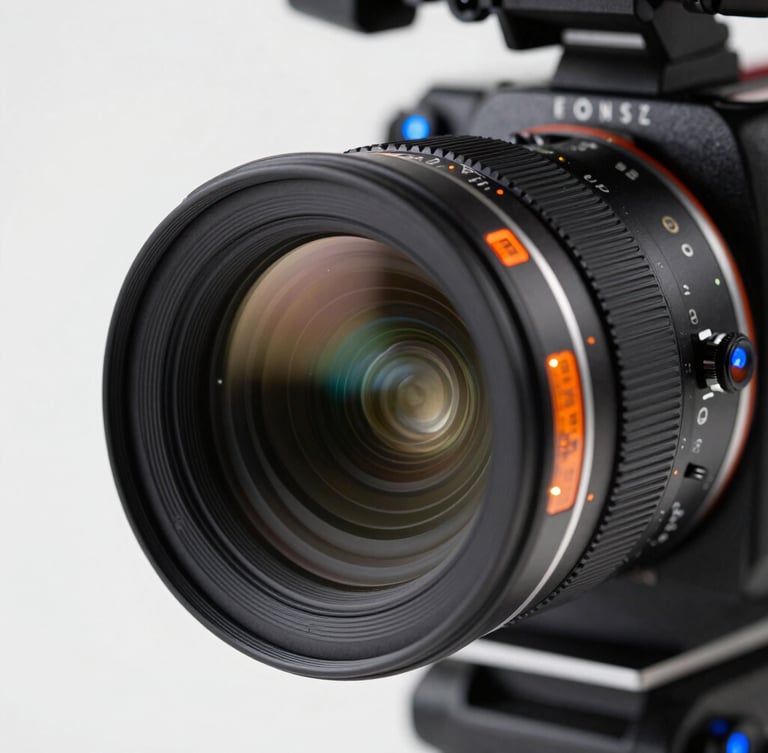Macro close-up of a high-end cinema camera lens with orange and blue tally lights, clean studio lighting, sharp focus, 35mm