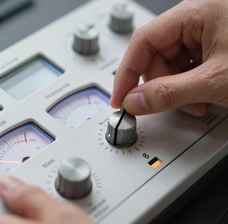 Macro close-up of hands operating a professional physical media deck, glowing VU meters, analog dials, clean studio lighting, 35mm