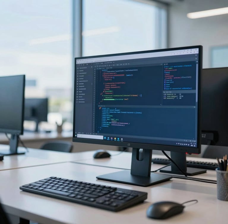 Cool editorial photography of a modern Texas tech workspace, bright natural daylight, crisp blue and slate tones, sharp focus, architectural details on a monitor screen showing code, 35mm