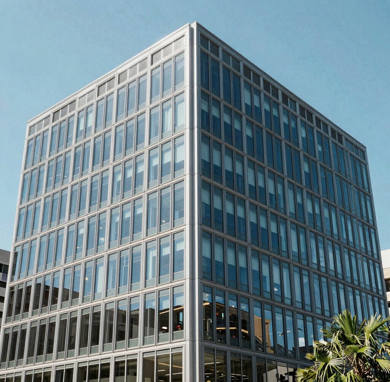 Cool editorial photography, bright daylight, modern Austin office glass facade, sharp angles, 35mm