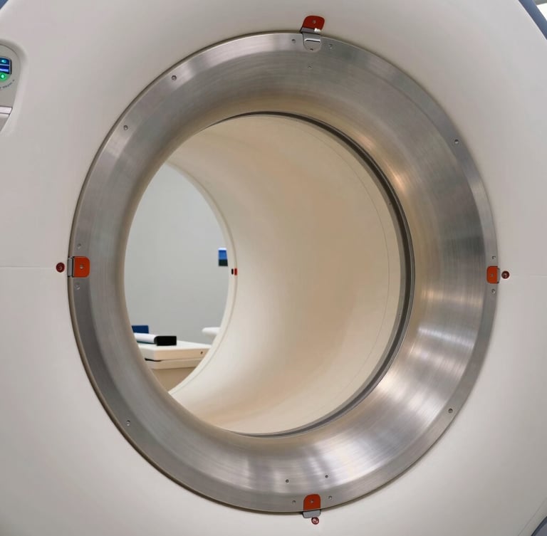 Macro extreme close-up of a high-end MRI scanner's brushed aluminum ring, soft indirect architectural lighting, clinical precision, ultra-clean composition.